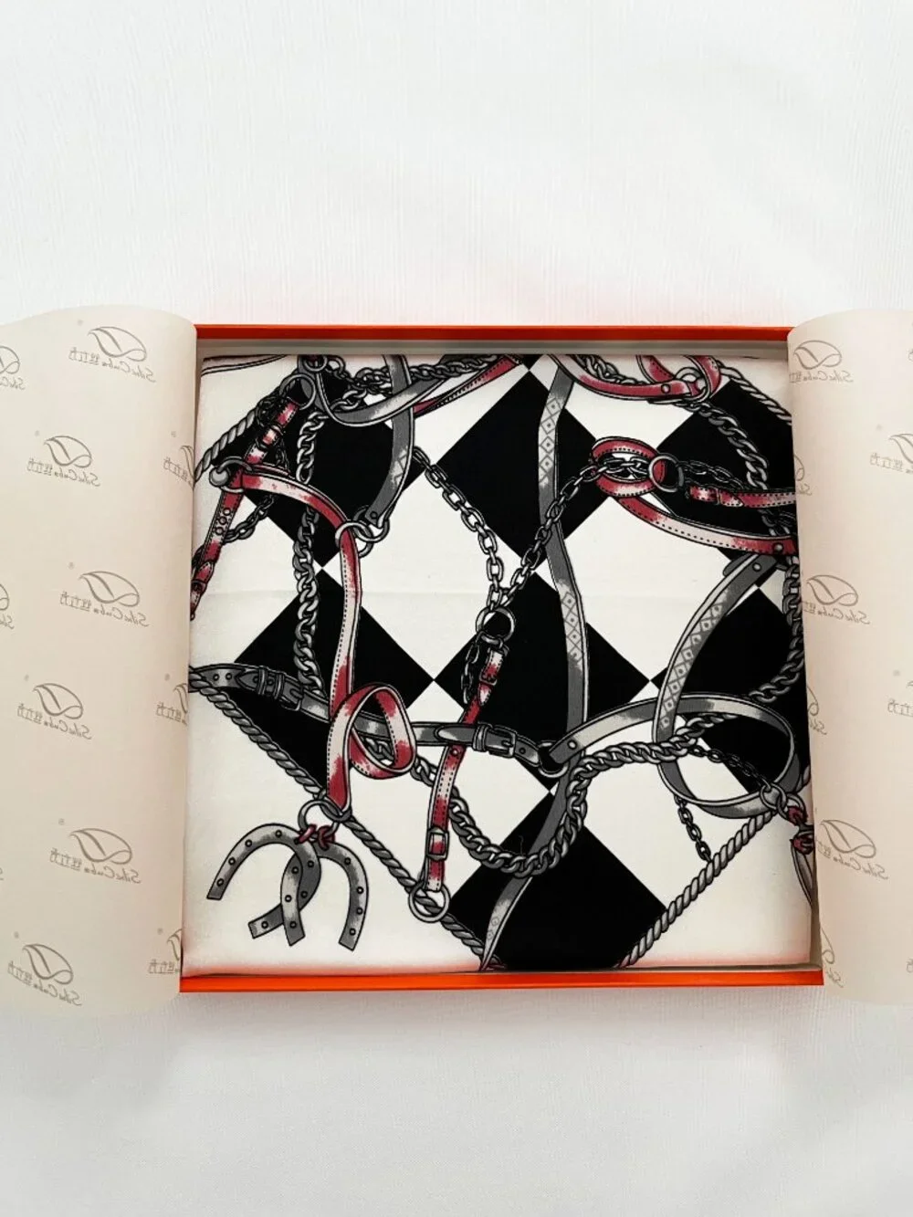 Codello Vintage Equestrian Checkered Black and White Silk Scarf NWT